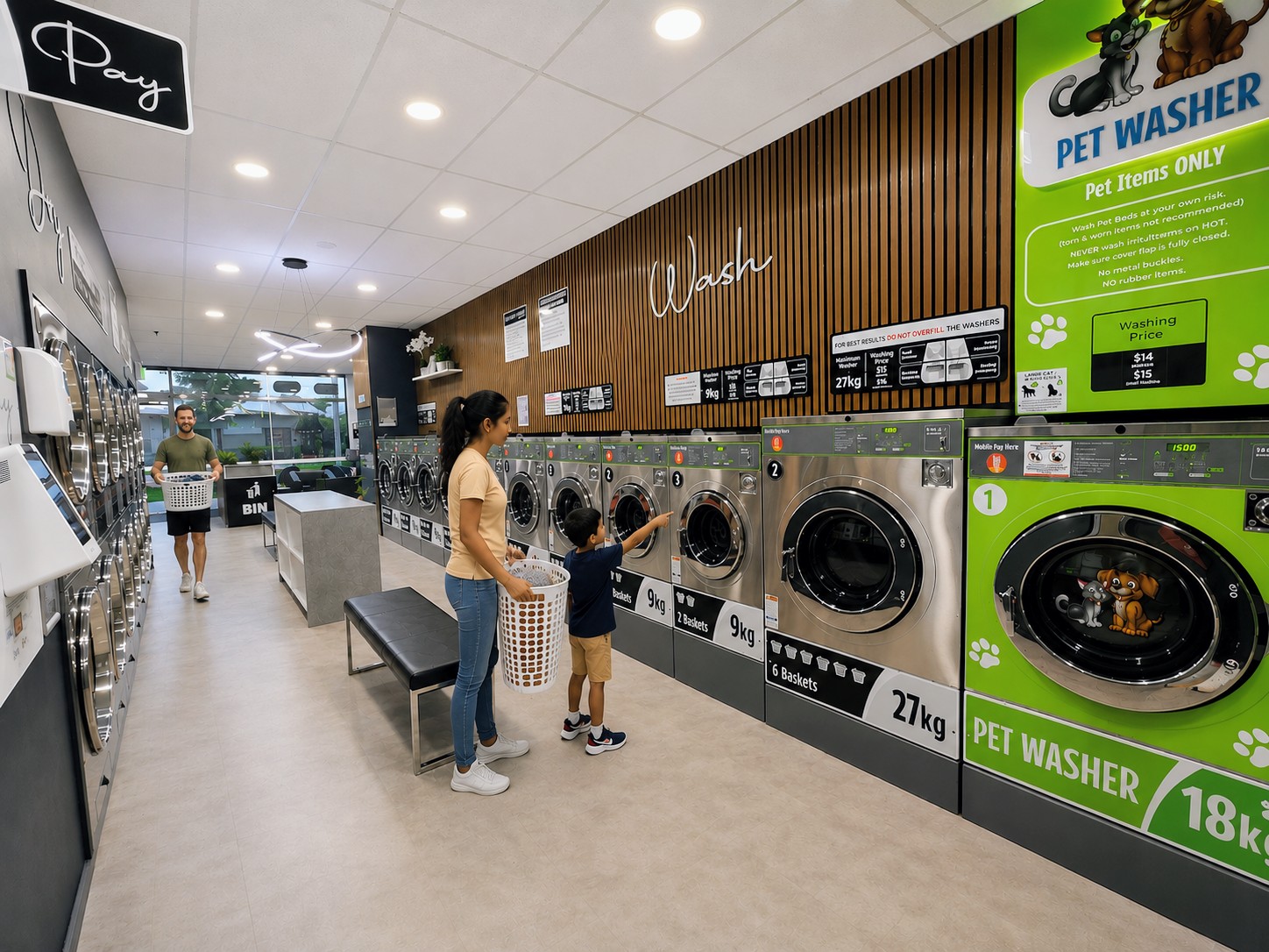 Large-capacity self-service washing machines at Soap Queens laundromat in Cranbourne North
